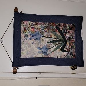 Quilted wall decor patchwork bohemian hippie floral multicolored vtg wood rod